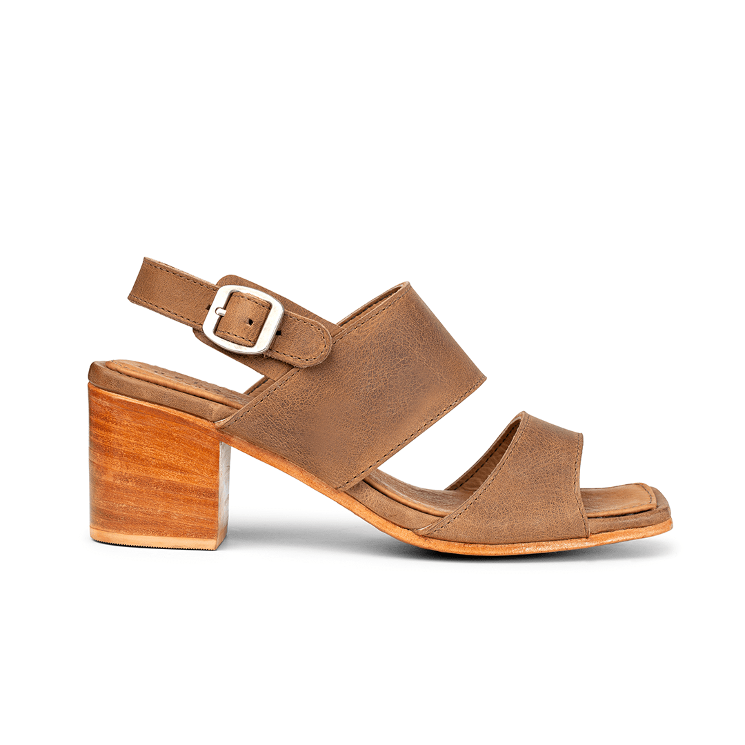 Women's narrow A-width tan leather heeled sandal, seen from the side, made to order for hard-to-fit feet – The Serena