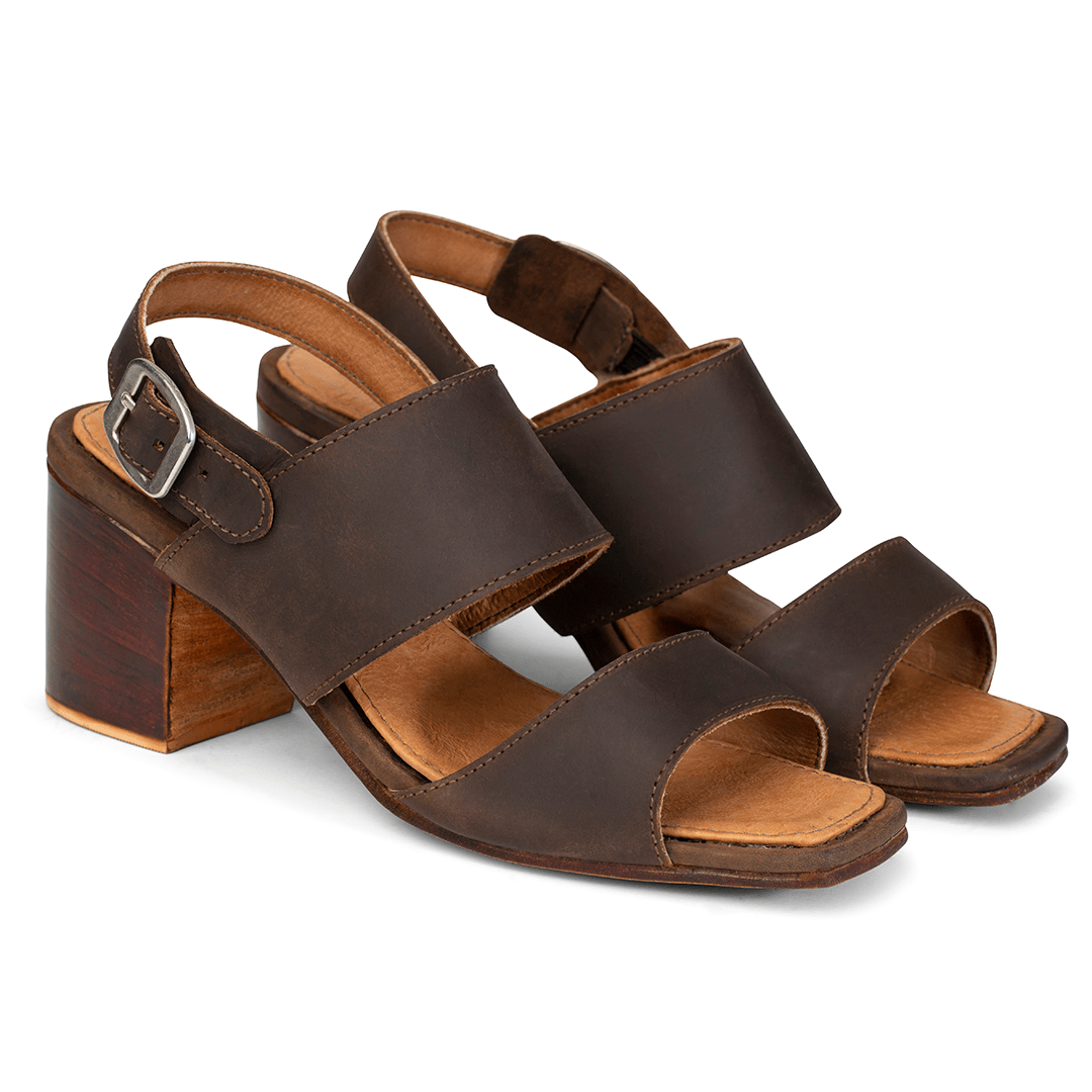 Pair of women's 2E-wide dark brown leather heeled sandals, shown from the front at an angle, made to your exact length and width