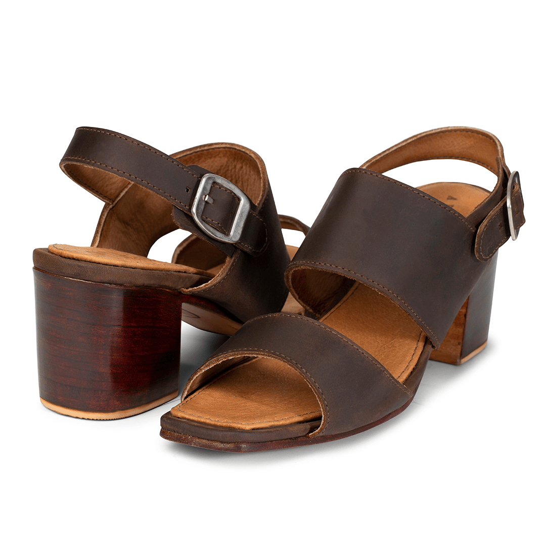 Women's EE wide dark brown leather heeled sandals, shown at an angle, handcrafted to fit size 5 – The Serena