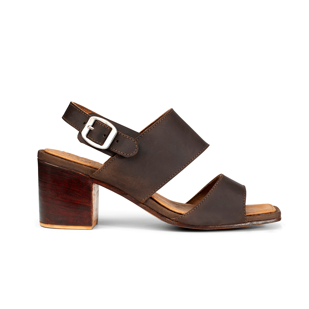 Women's EE wide dark brown leather heeled sandal, shown in side profile, made to order in size 6 – The Serena