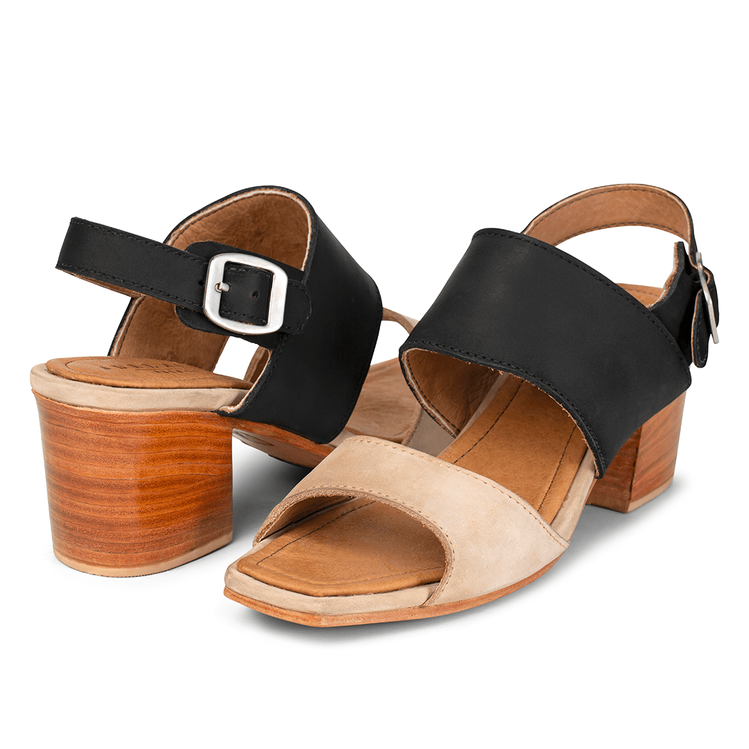 Women's EEE wide black and cream leather heeled sandals, shown at an angle, available to order in size 13 – The Serena