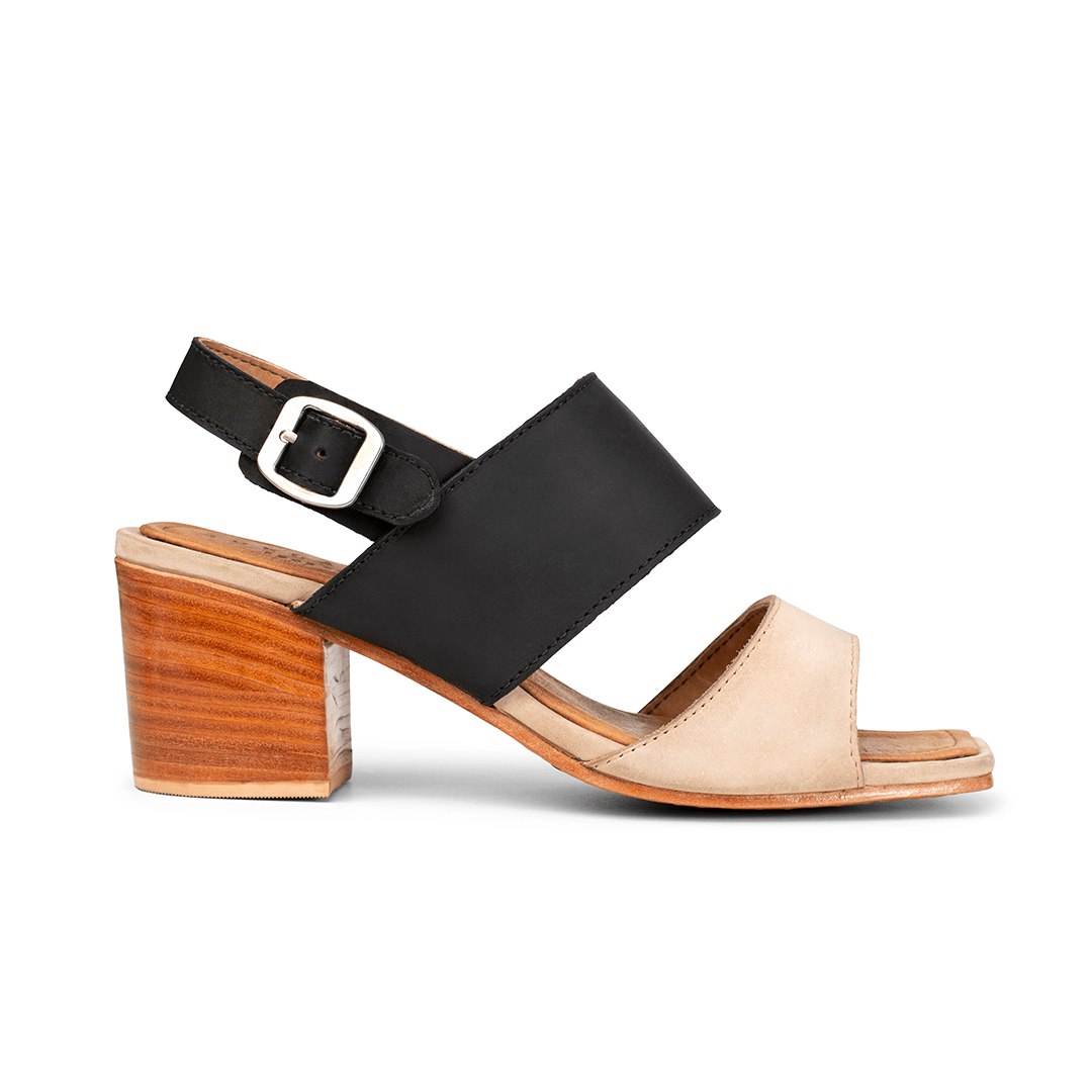 Side view of a women's EEE wide black and cream leather heeled sandal, can be made in size 14 – The Serena