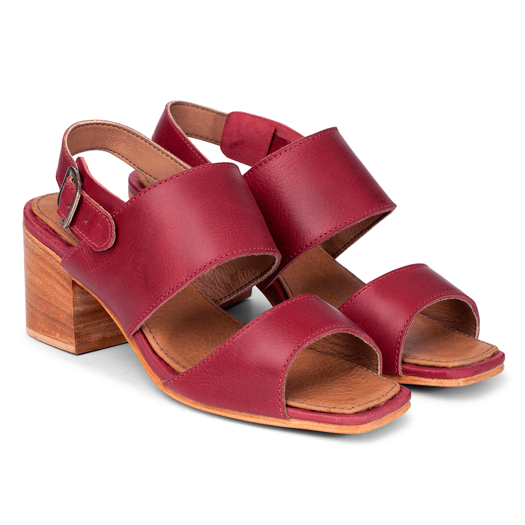 Women's narrow A-width red leather heeled sandals, shown at an angle, a size 15 is no problem – The Serena