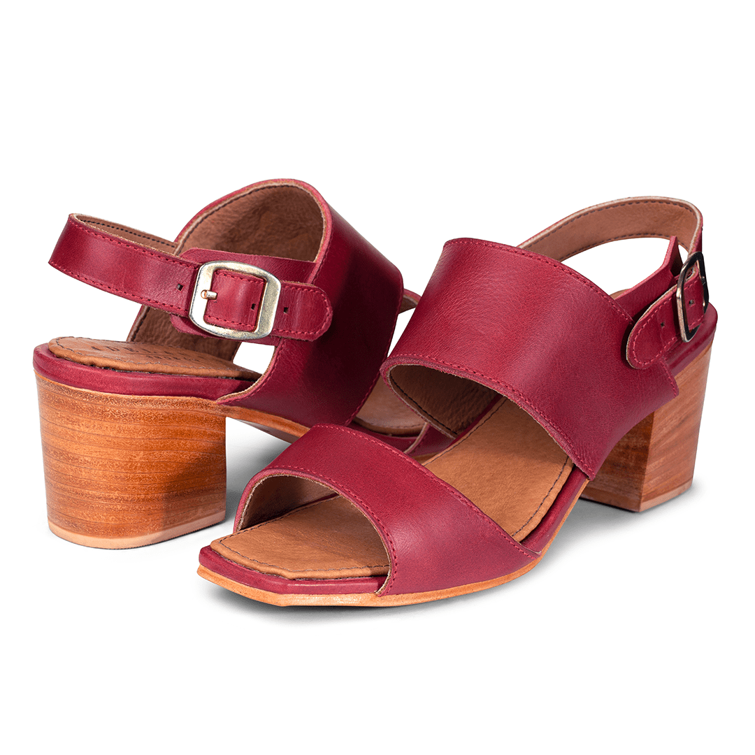 Pair of women's EEE wide red leather heeled sandals, shown from the front at an angle, made to order for hard-to-fit feet – The Serena