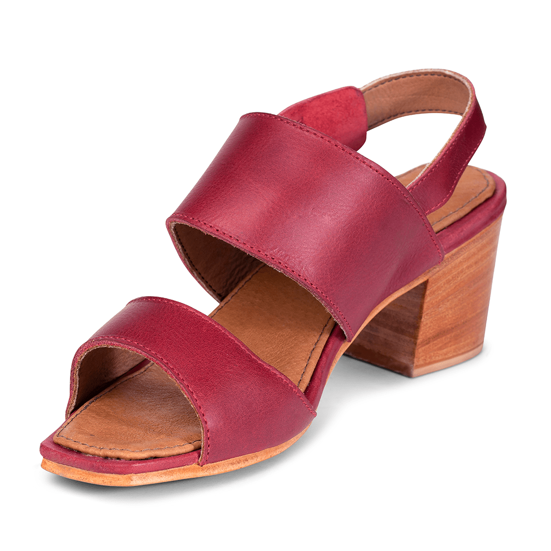 Women's narrow A-width red leather heeled sandal, shown at an angle, built to order, even in size 14 – The Serena