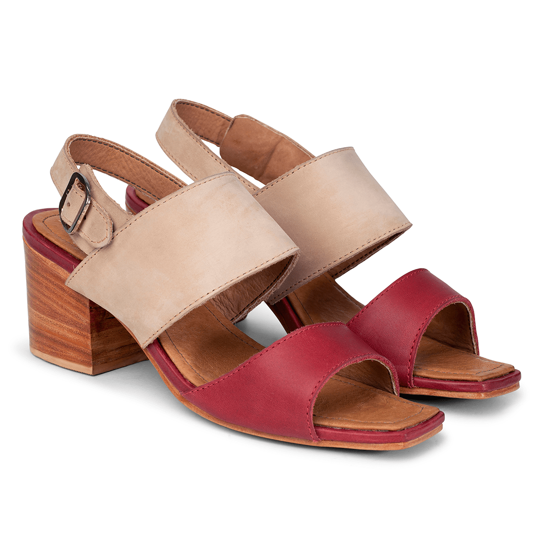 Women's 3E-wide red and cream leather heeled sandals, shown at an angle, handcrafted to fit size 4 – The Serena