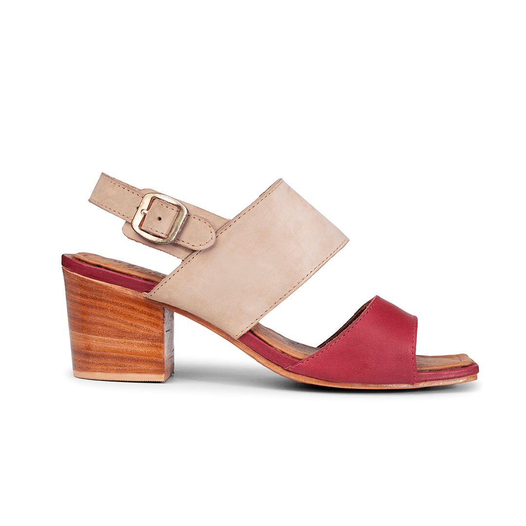Women's wide red and cream leather heeled sandal, seen from the side. For feet that are hard to fit – The Serena