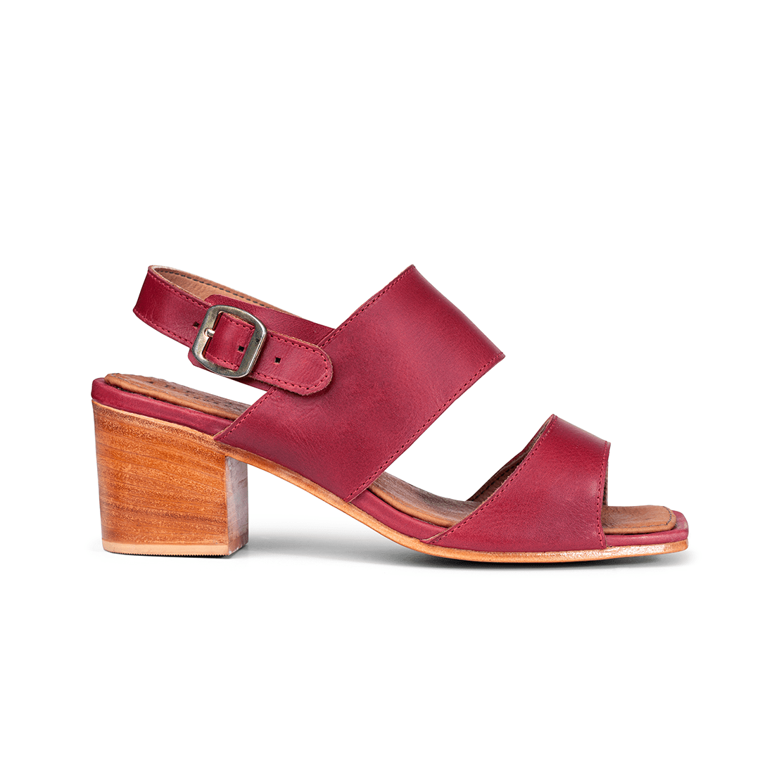 Women's EEE wide red leather heeled sandal, seen from the side. Handcrafted to order in Guatemala – The Serena