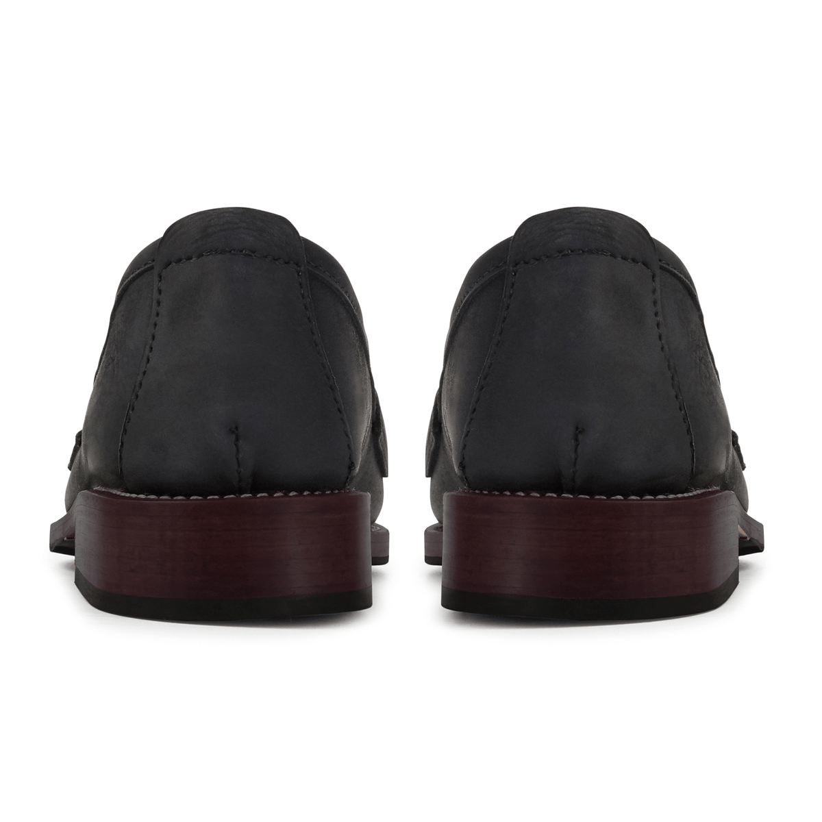 Black leather women's loafers with dark wood heels, shown from the back, available in narrow to extra wide widths