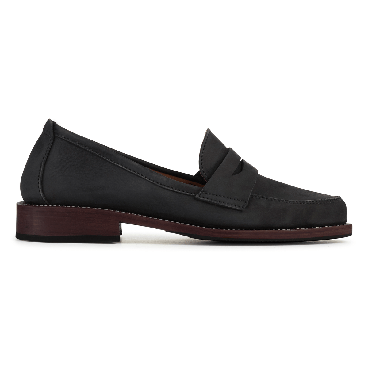 Black leather women's penny loafer with classic penny bridge and low stacked heel by Adelante Shoes