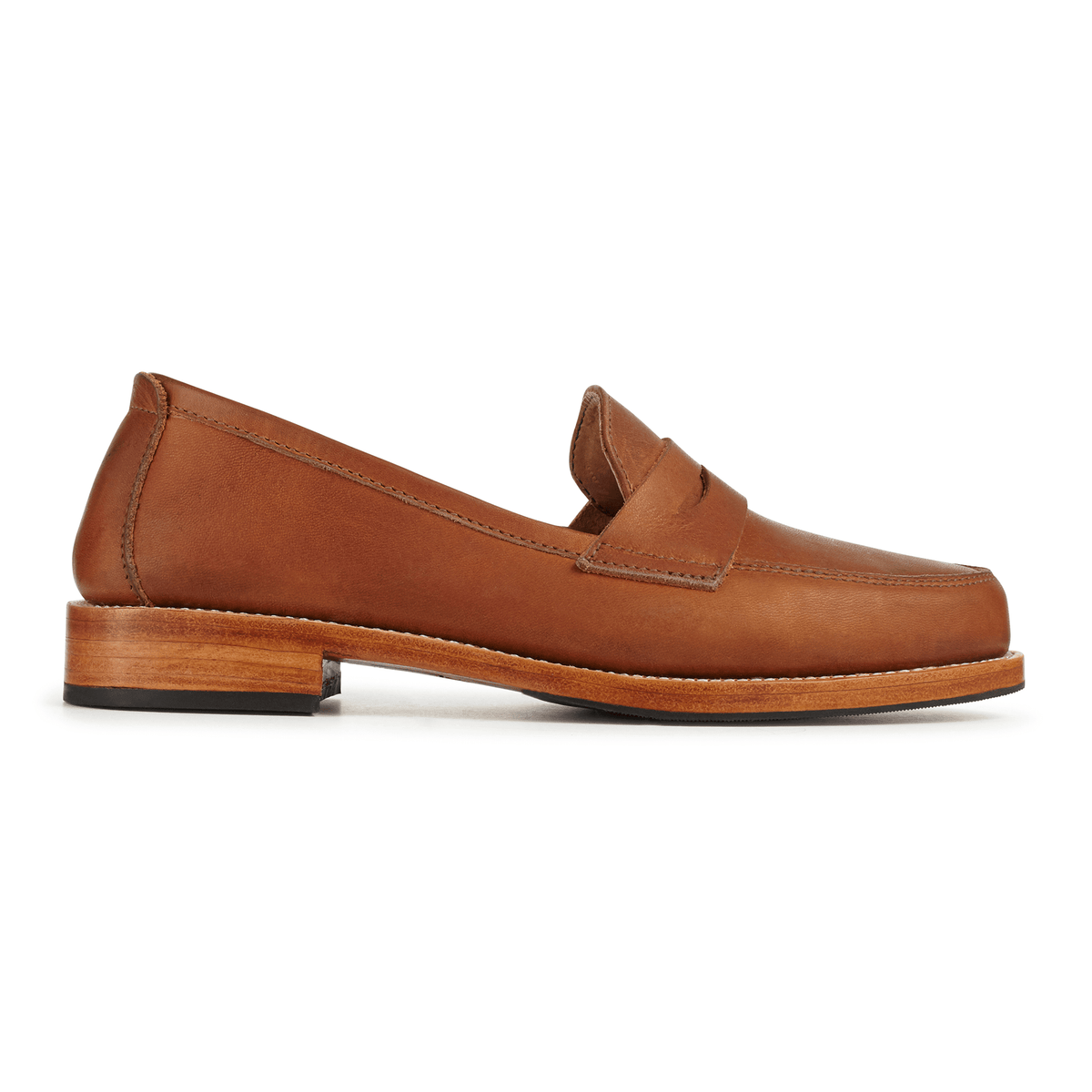 Brown leather women's penny loafer with classic penny bridge, handcrafted by Adelante and available in narrow to extra wide widths