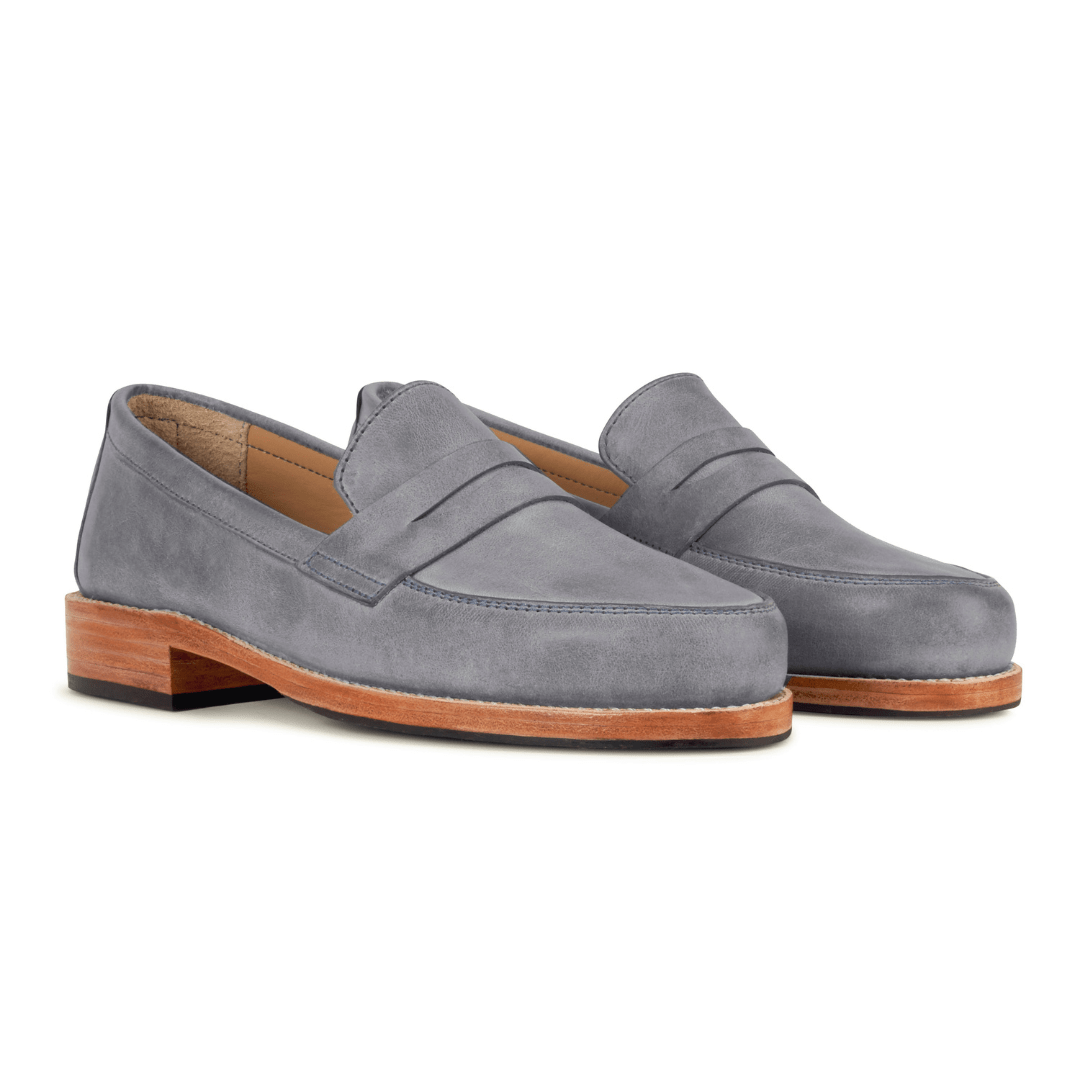 Gray women's leather penny loafers with classic penny bridge and stacked wood soles by Adelante Made To Order