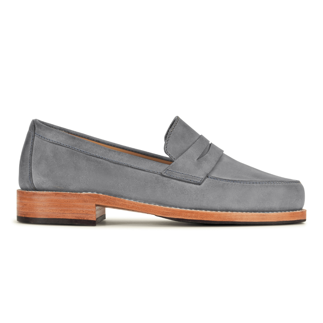 Gray leather women's penny loafer with classic penny bridge and stacked wood heel by Adelante Made-To-Order