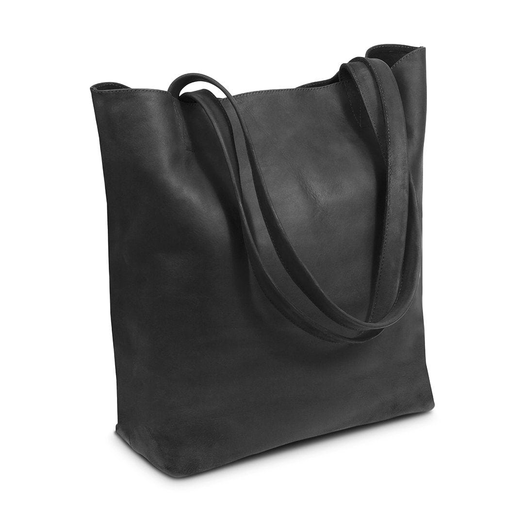Black leather tote bag, shown at an angle