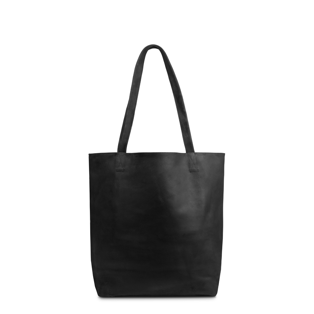 Black leather tote bag, front view