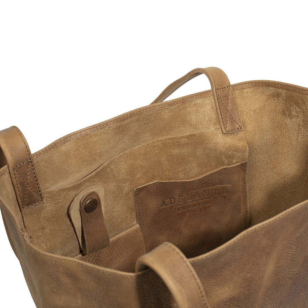 Tan leather tote bag, interior with pockets, personalization available