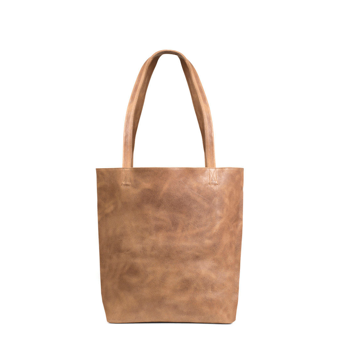 Tan leather tote bag, front view, made to order