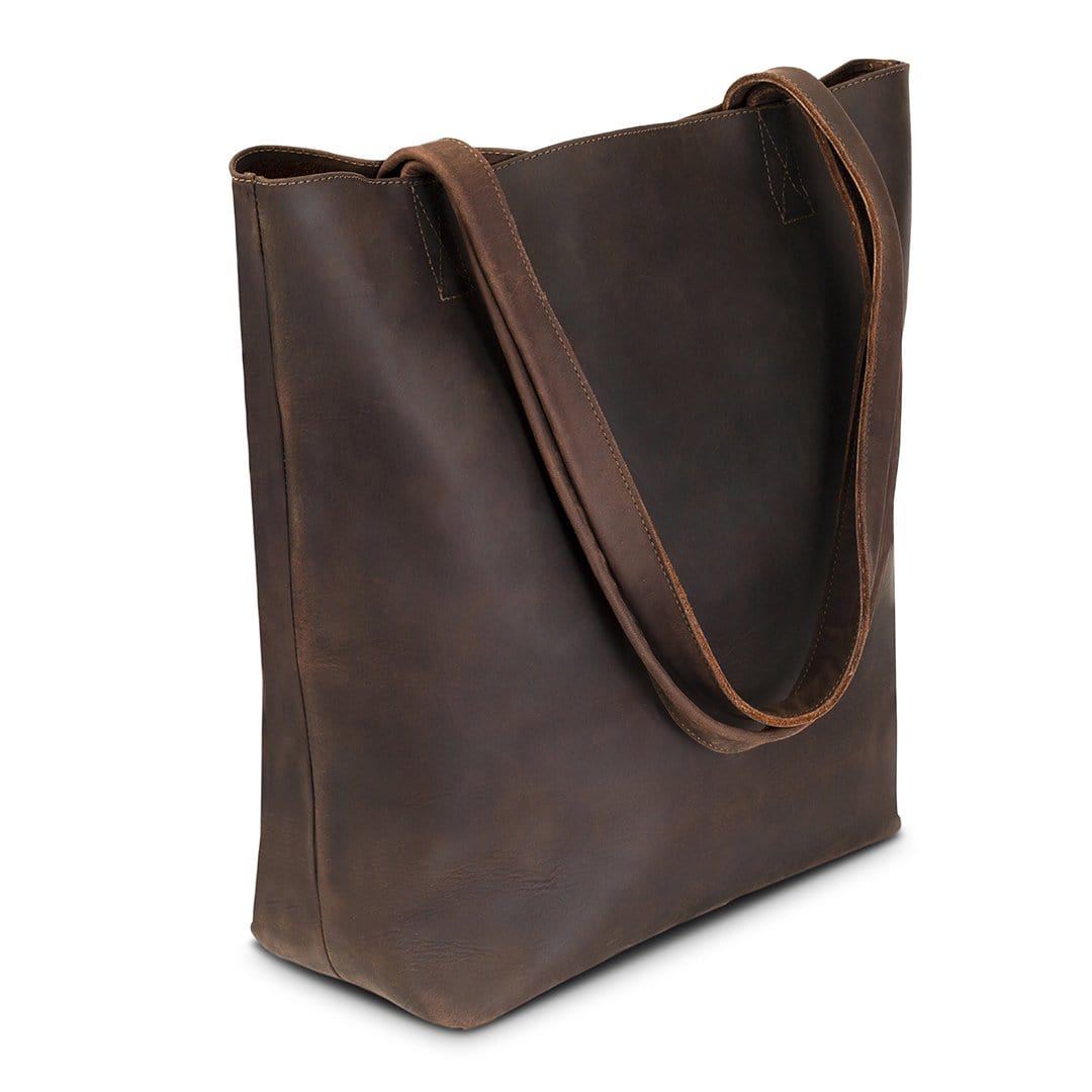 Dark brown leather tote bag, shown at an angle