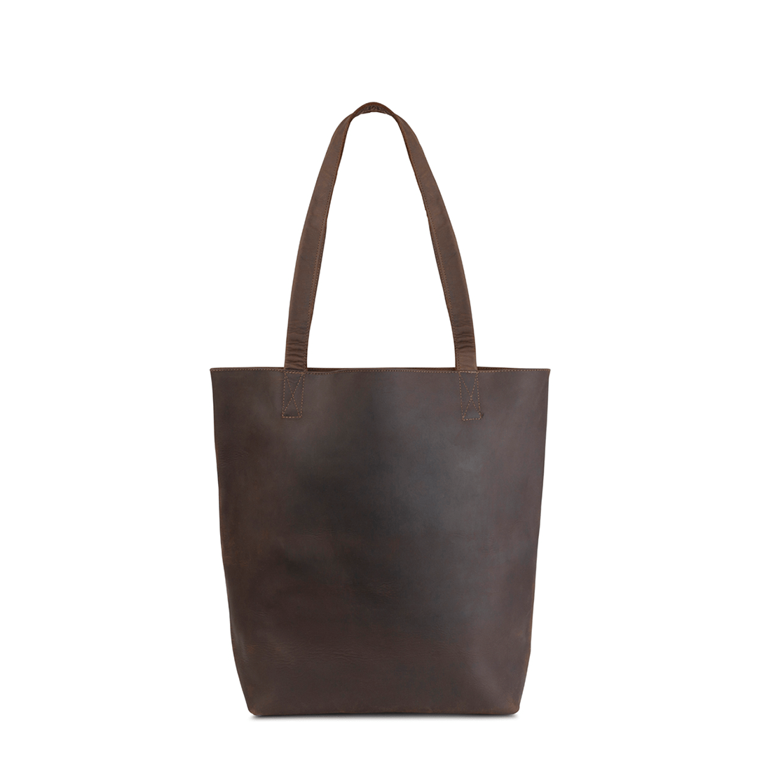 Dark brown leather tote bag, front view