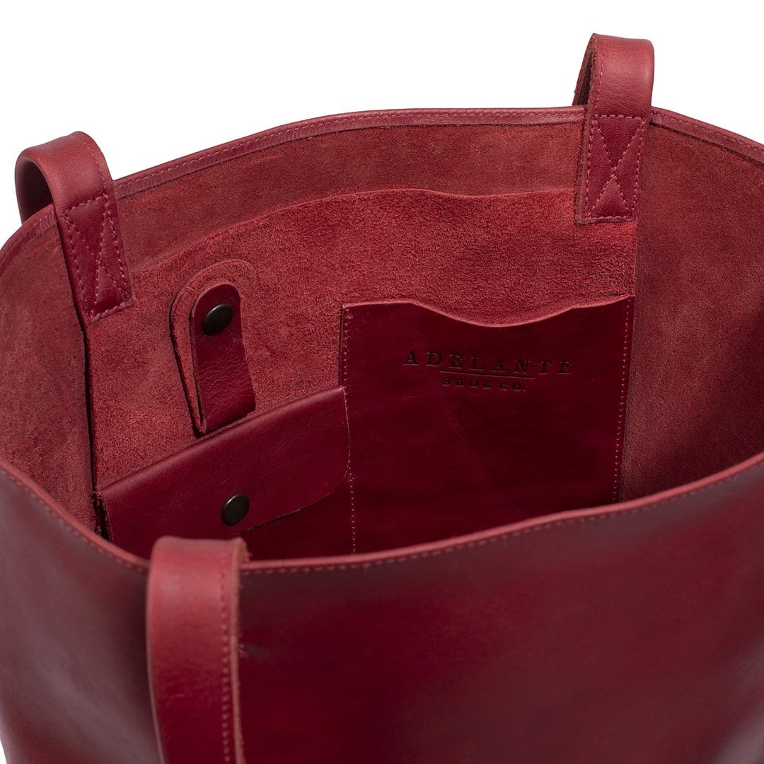 Red leather tote bag, interior with pockets, personalization available