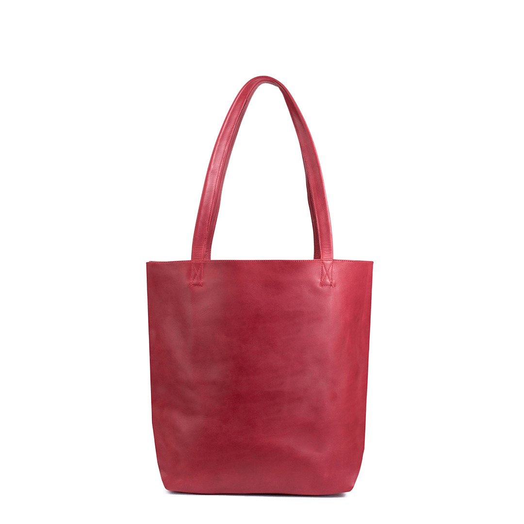 Red leather tote bag, front view, made to order
